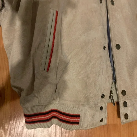 Grey Leather Jacket with Red Accents